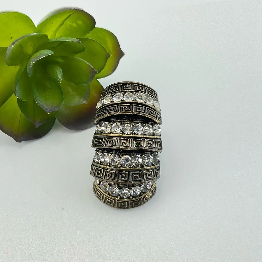 Gothic Cocktail Ring,  Articulated Knuckle Ring, Antique Gold & Clear Crystals